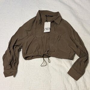Zara Khaki Button Down Cropped Shirt